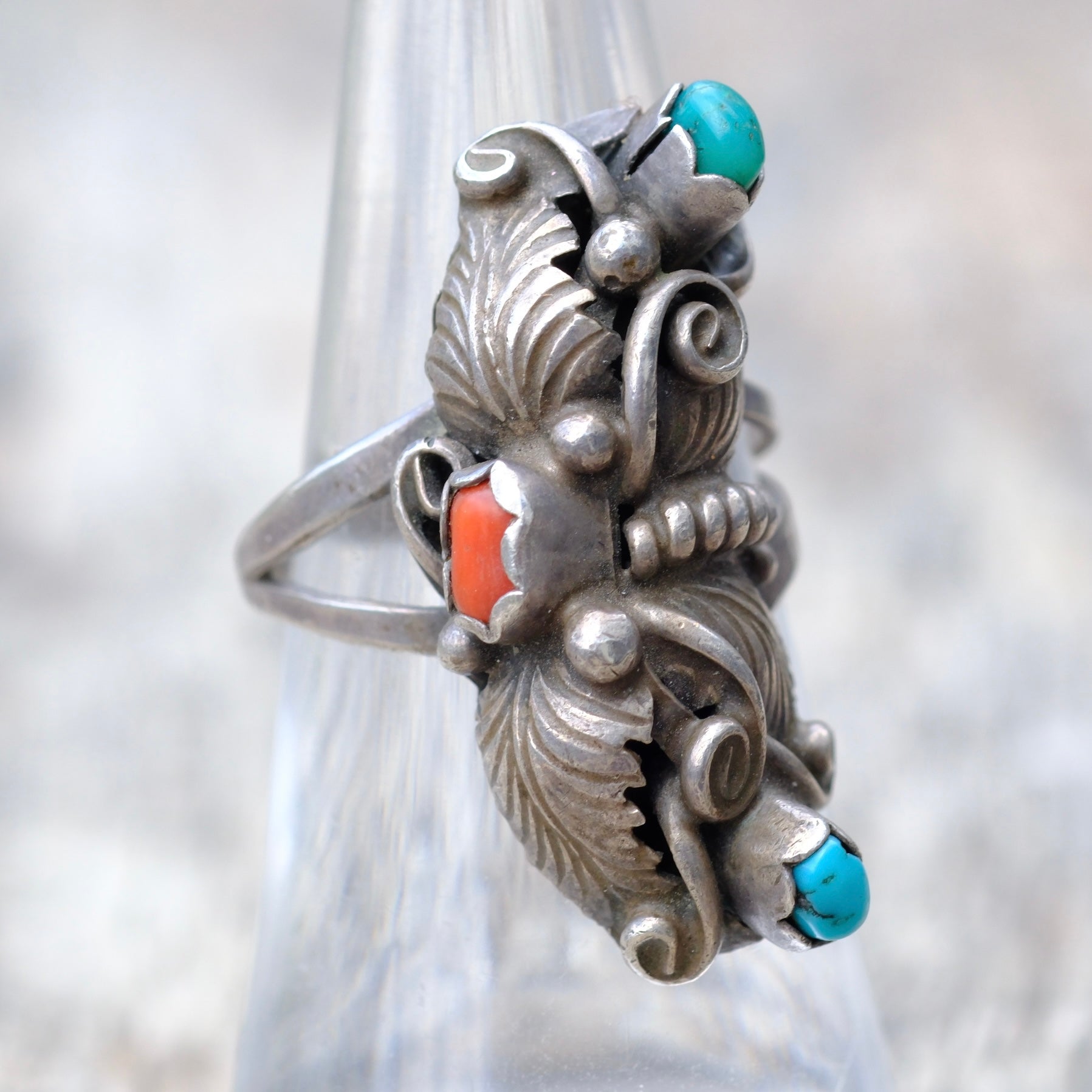 Vintage Sterling Silver Coral & Turquoise Leaf Ring 6.5