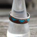 Vintage Sterling Crushed Turquoise and Coral Inlay Band 8.25