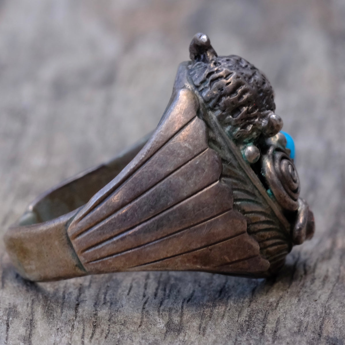 Vintage Sterling Turquoise and Coral Buffalo Ring 13.25
