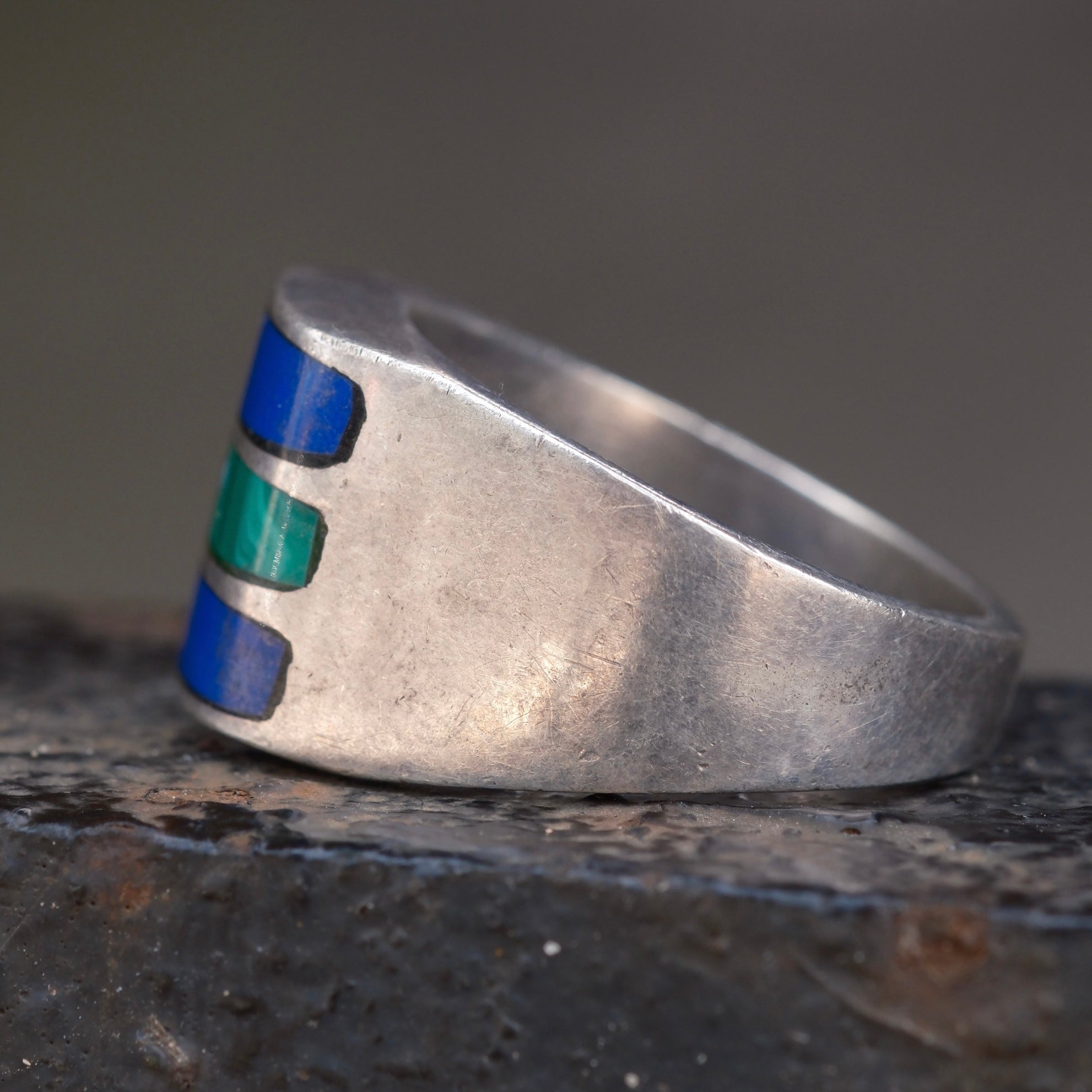 Vintage Sterling Multistone Inlay Striper Ring 12