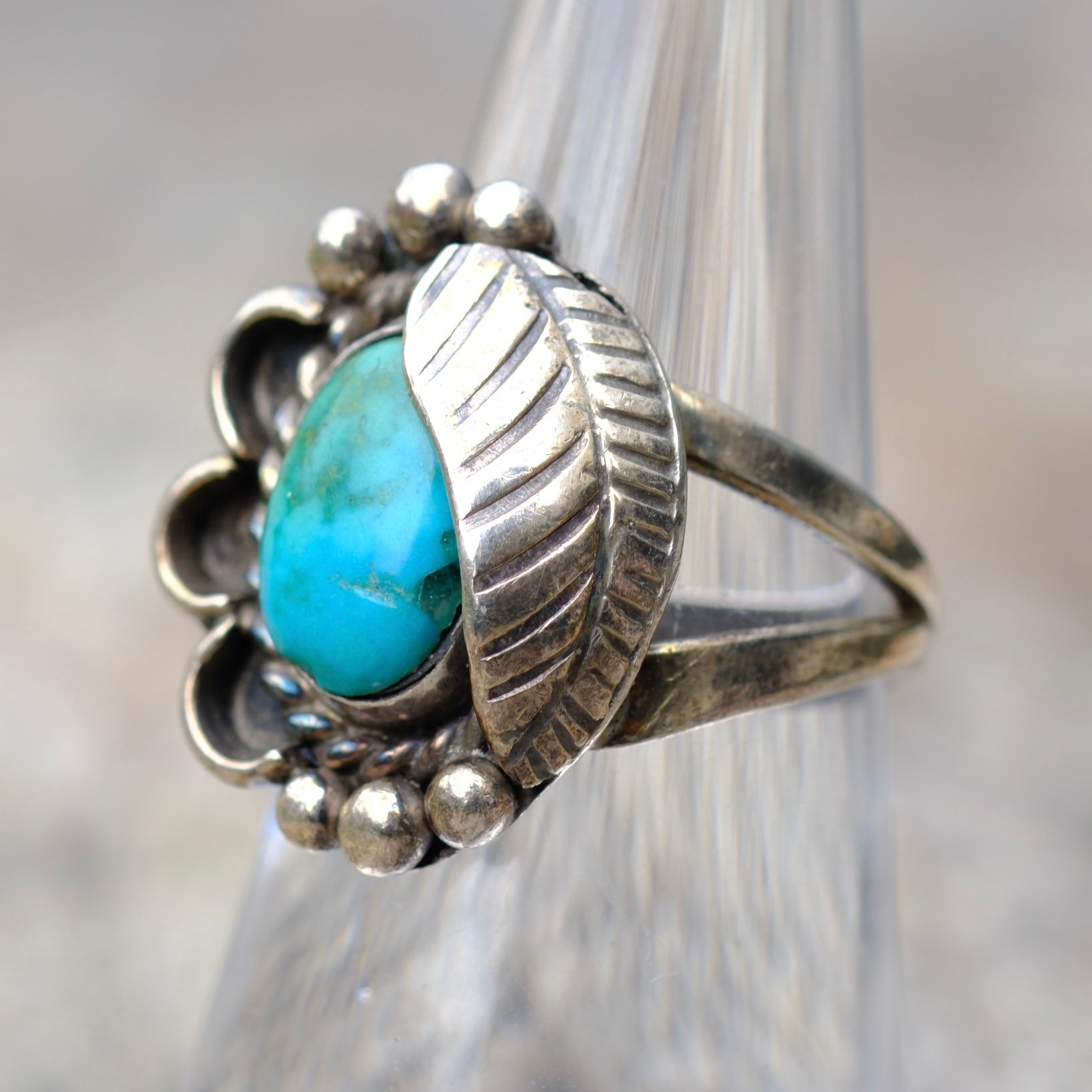 Vintage Sterling Turquoise Feather Ring 7