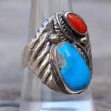 Vintage Sterling Turquoise and Coral Feather Ring 10