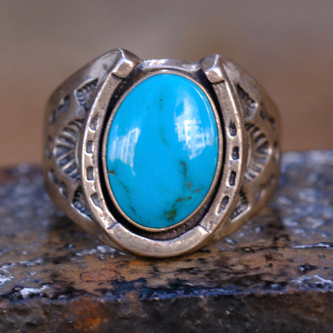 Vintage Sterling Turquoise Lucky Horseshoe Ring 10.25