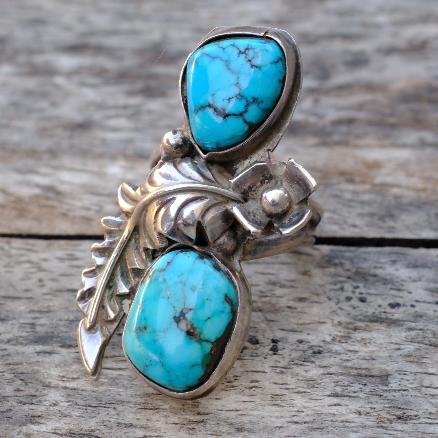 Vintage Sterling 2-Stone Turquoise Feather Ring 6.25