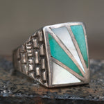 Vintage Sterling Turquoise and Mother Of Pearl Sunrise Ring 10.75