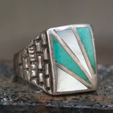 Vintage Sterling Turquoise and Mother Of Pearl Sunrise Ring 10.75