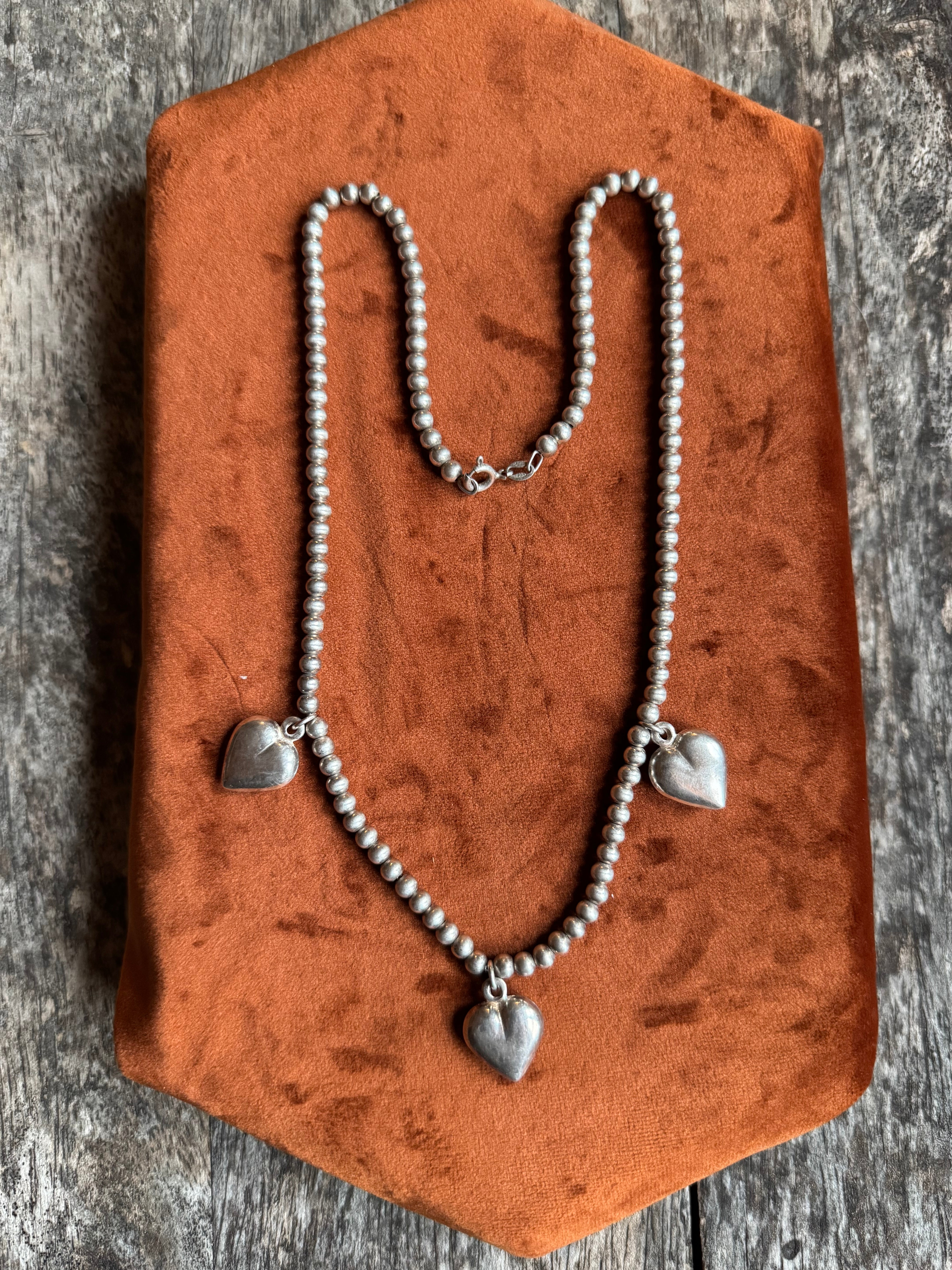 Vintage Sterling Silver 18” Beaded Heart Chain