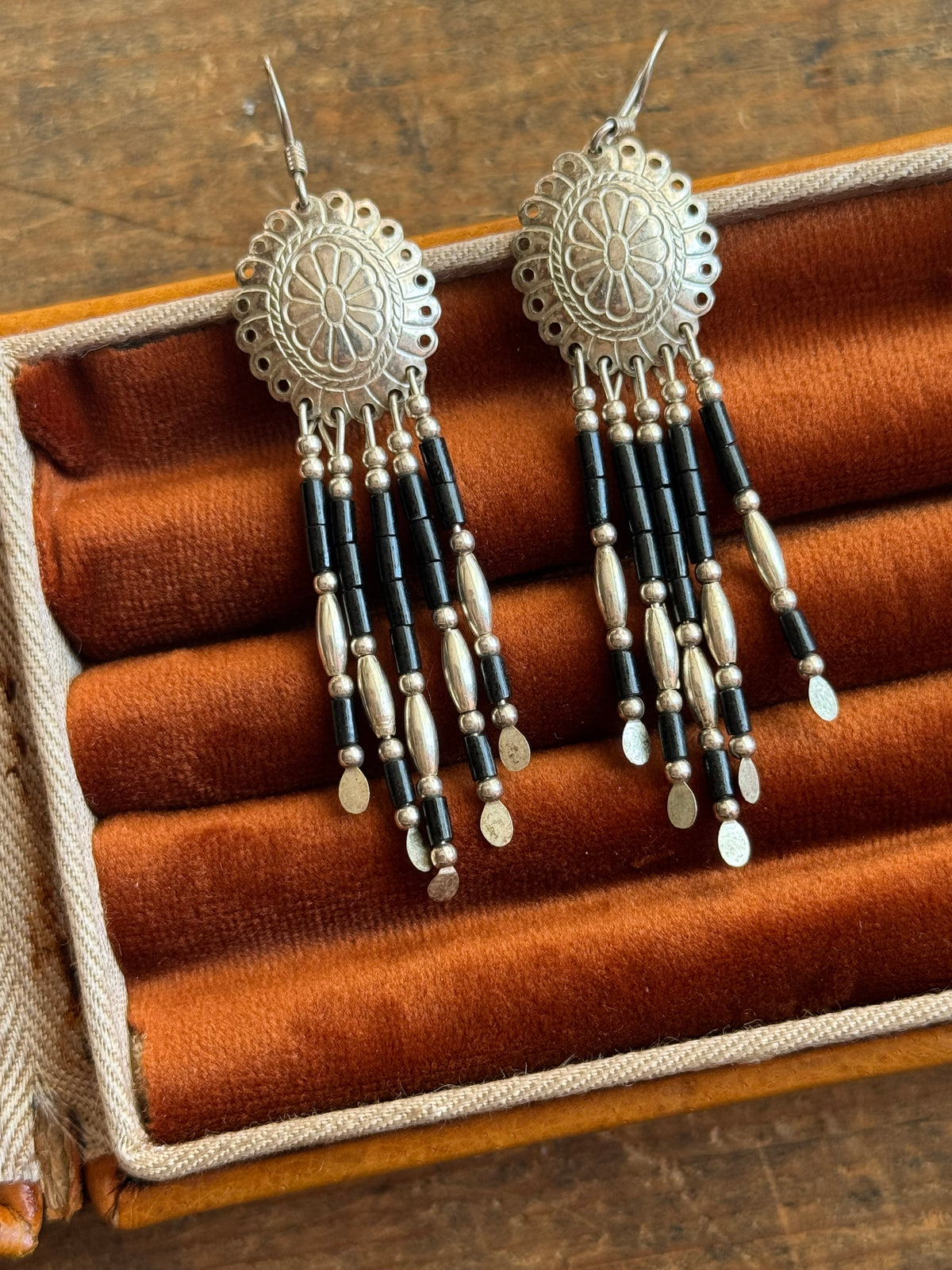 Vintage Sterling Silver Black Beaded Concho Earrings