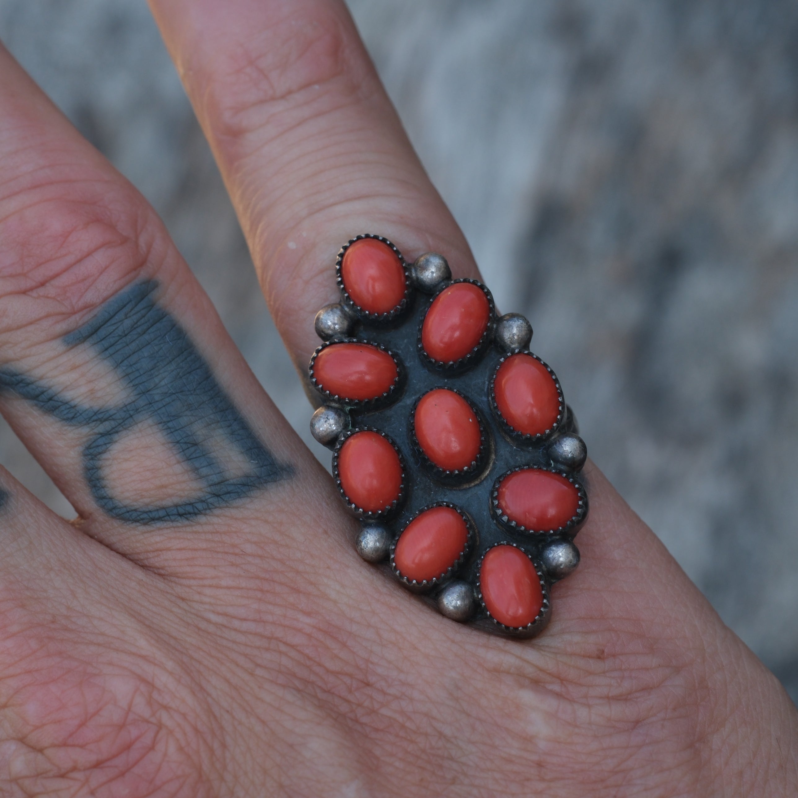 Vintage Sterling Coral Cluster Ring 7.25