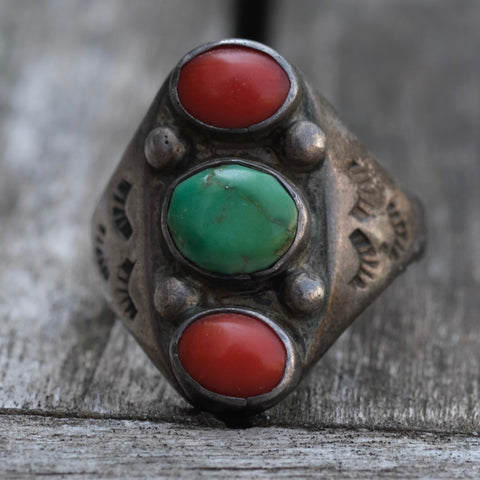 Vintage Sterling Turquoise And Coral Old Pawn Ring 10