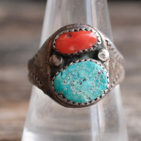 Vintage Sterling Turquoise and Coral Stamped Band Ring 9.75