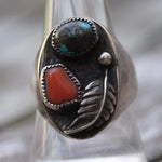 Vintage Sterling Turquoise and Coral Feather Ring 9.75