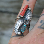 Vintage Sterling Turquoise and Coral Feather Ring 6