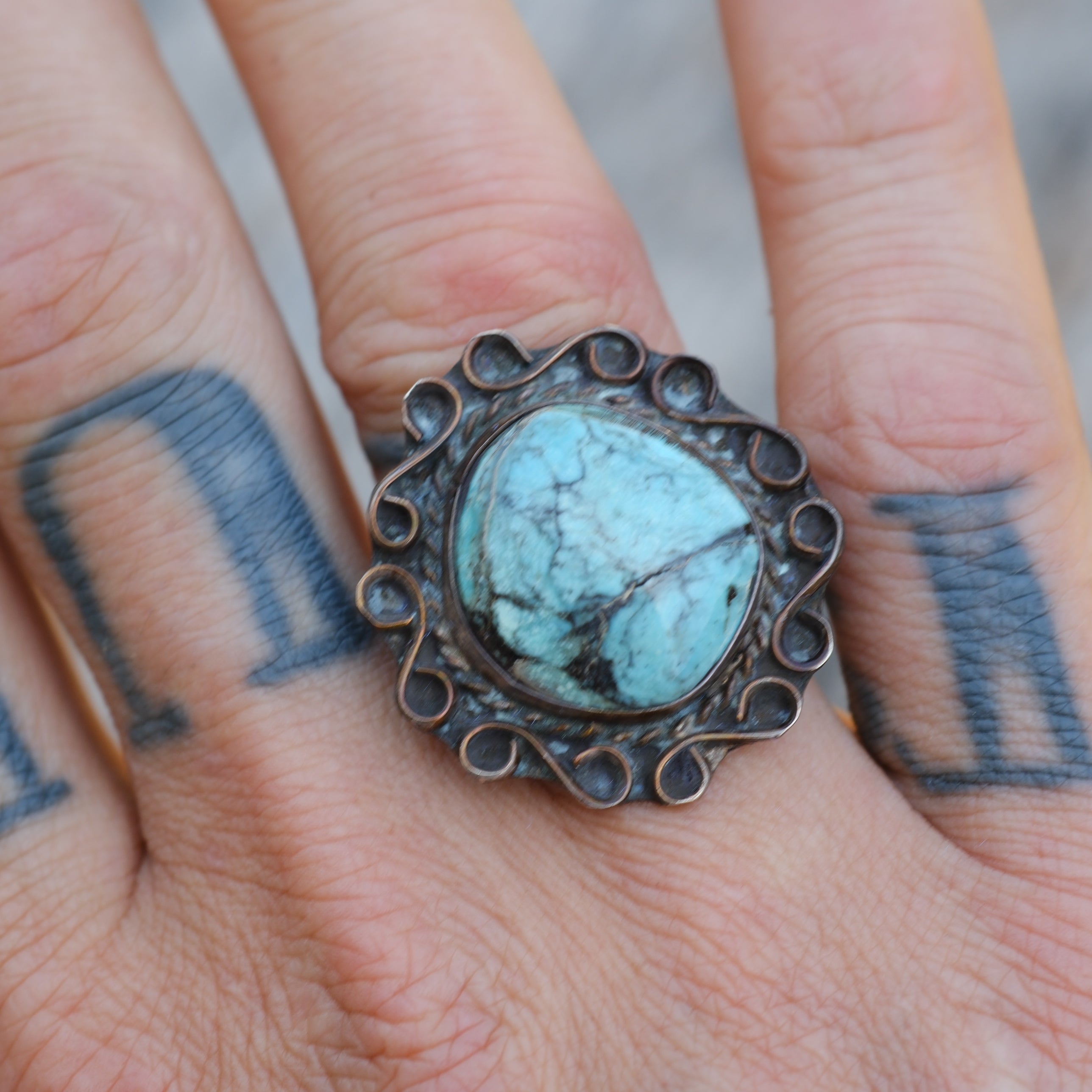 Vintage Sterling Turquoise Florette Ring 9