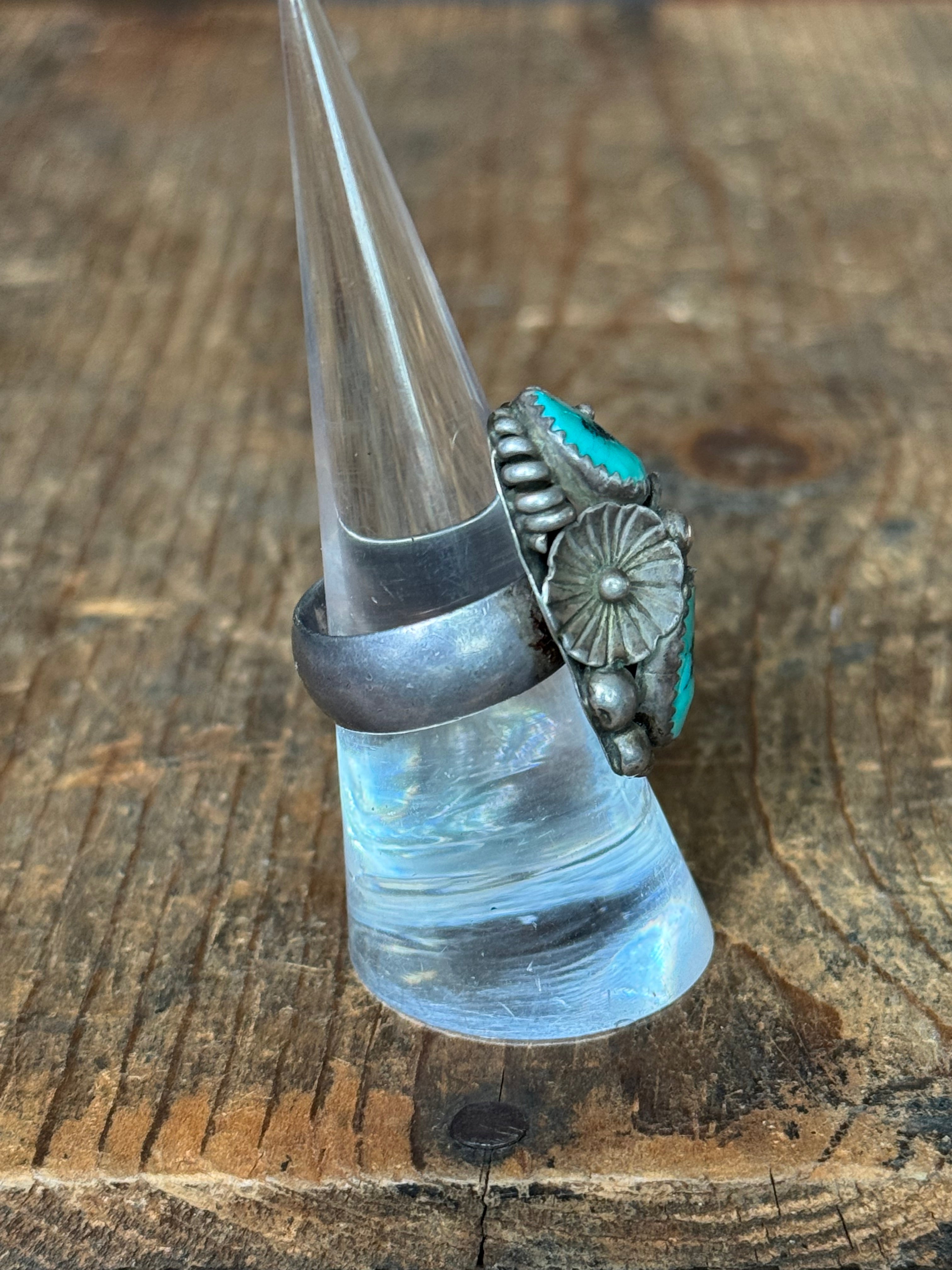 Vintage Sterling Silver Turquoise Flower Ring 7.25