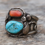 Vintage Sterling Turquoise and Coral Feather Ring 12
