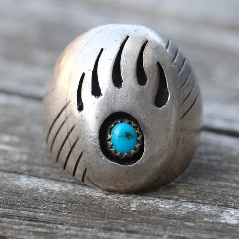 Vintage Sterling Turquoise Bear Paw Ring 10.5