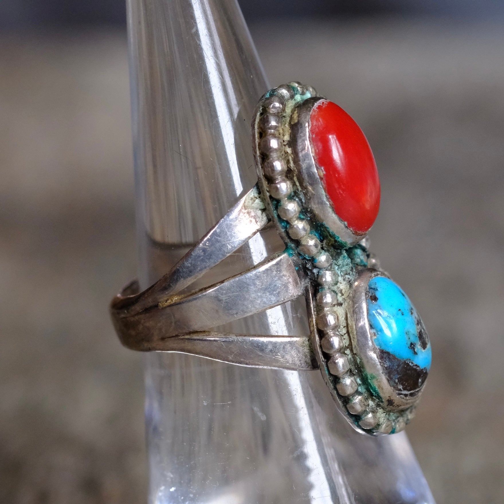Vintage Sterling Turquoise And Coral Roper Ring 5.75