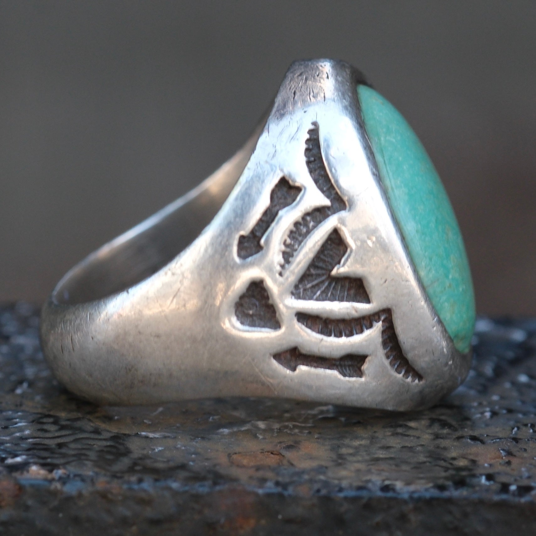 Vintage Sterling Turquoise Stamped V Trading Post Ring 9