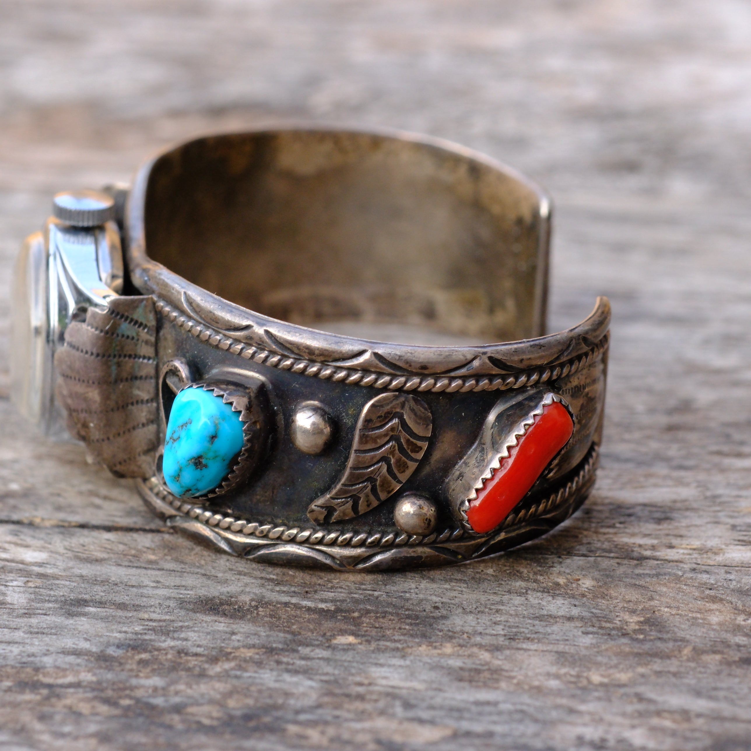 Vintage Sterling Turquoise and Coral Cuff Watch Cuff Bracelet