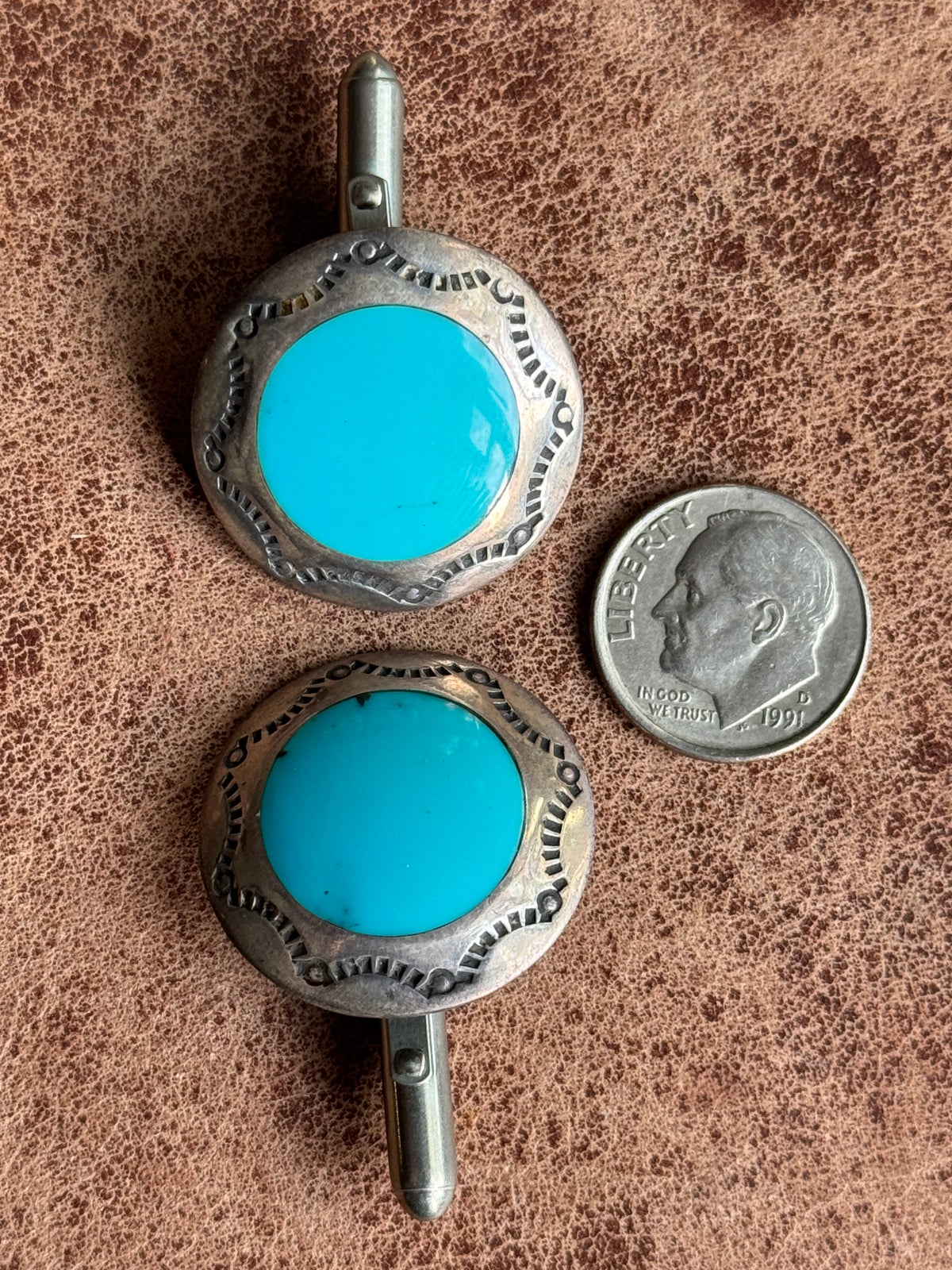 Vintage Sterling Silver Stamped Turquoise Inlay Concho Cufflinks