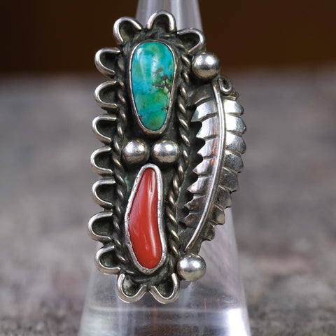 Vintage Sterling Turquoise and Coral Feather Ring 7.75