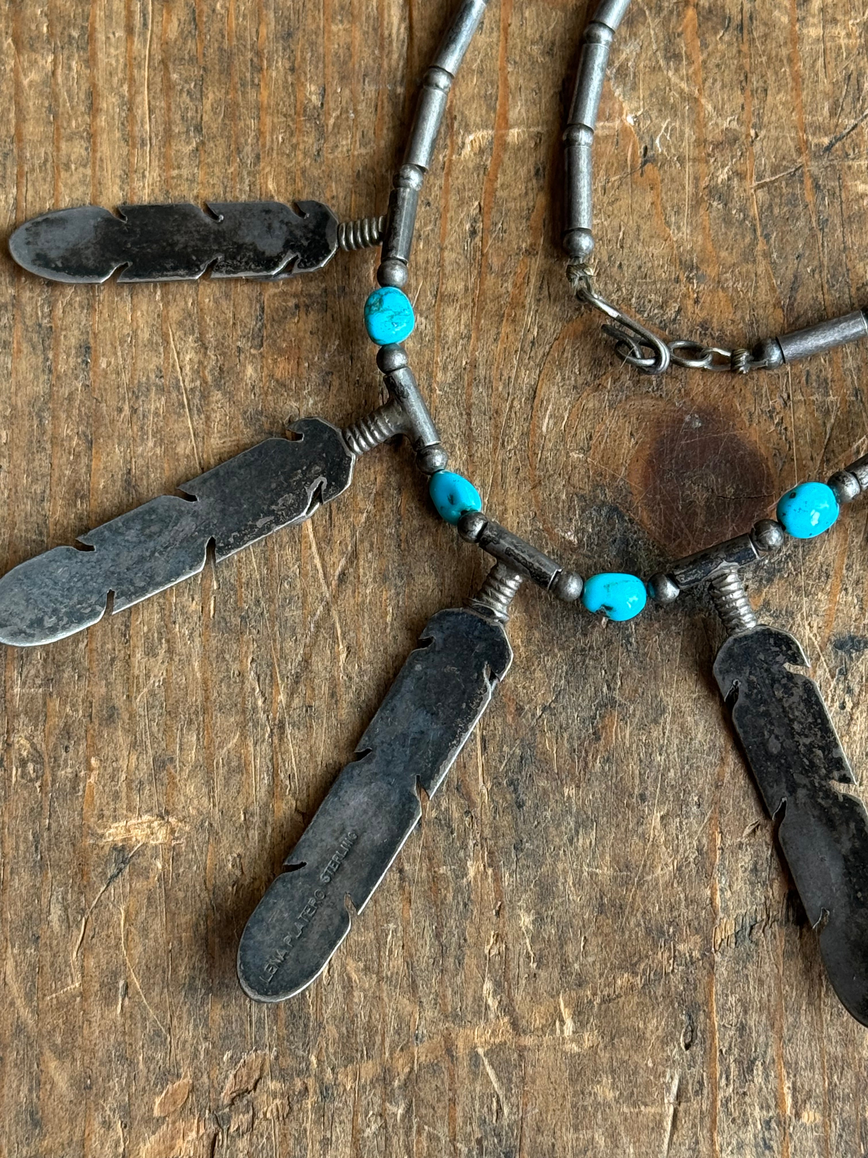 Vintage Sterling Silver Five Feather Turquoise Necklace