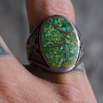 Vintage Sterling Crushed Turquoise Inlay Thunderbird Ring 7.25