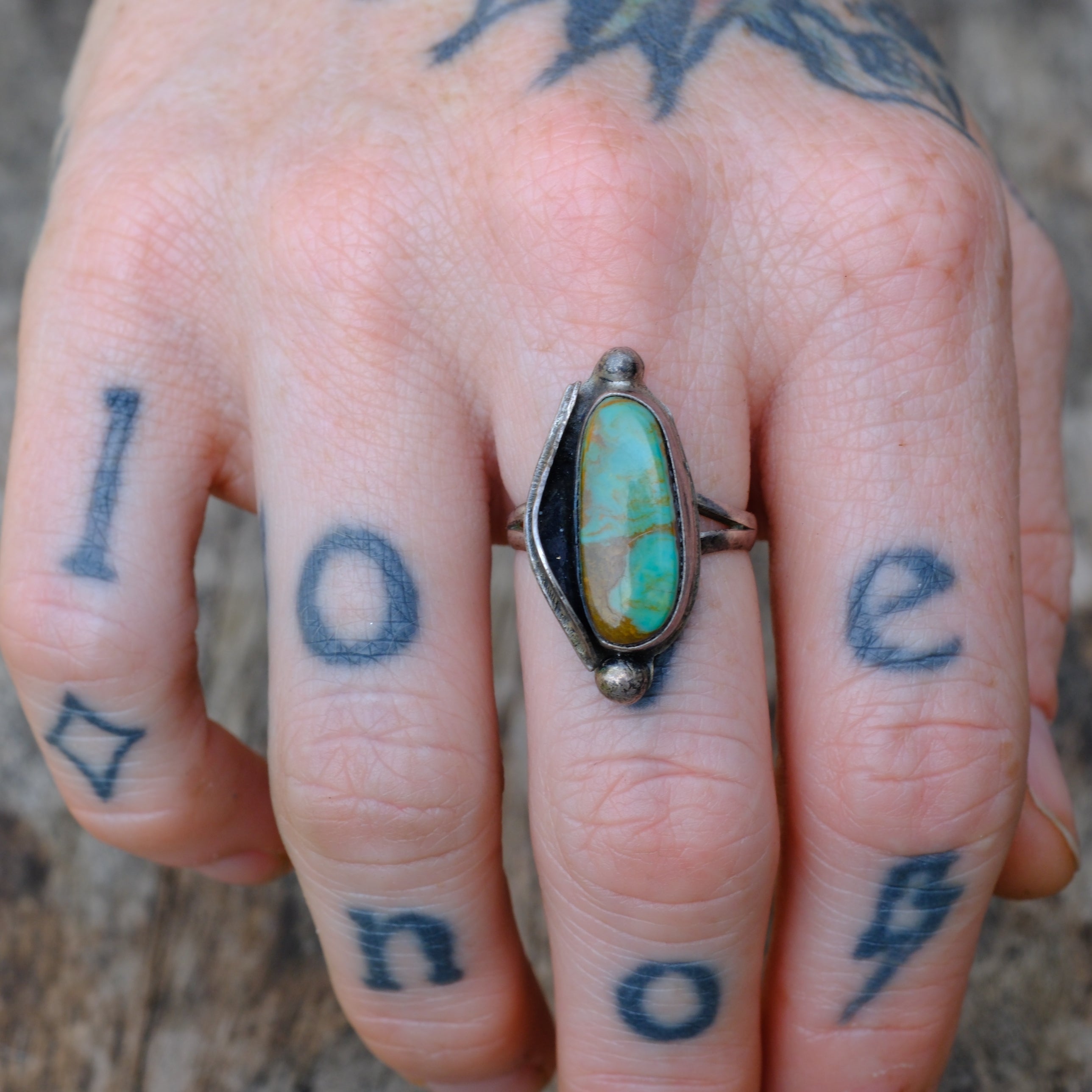 Vintage Sterling Turquoise Feather Ring 7