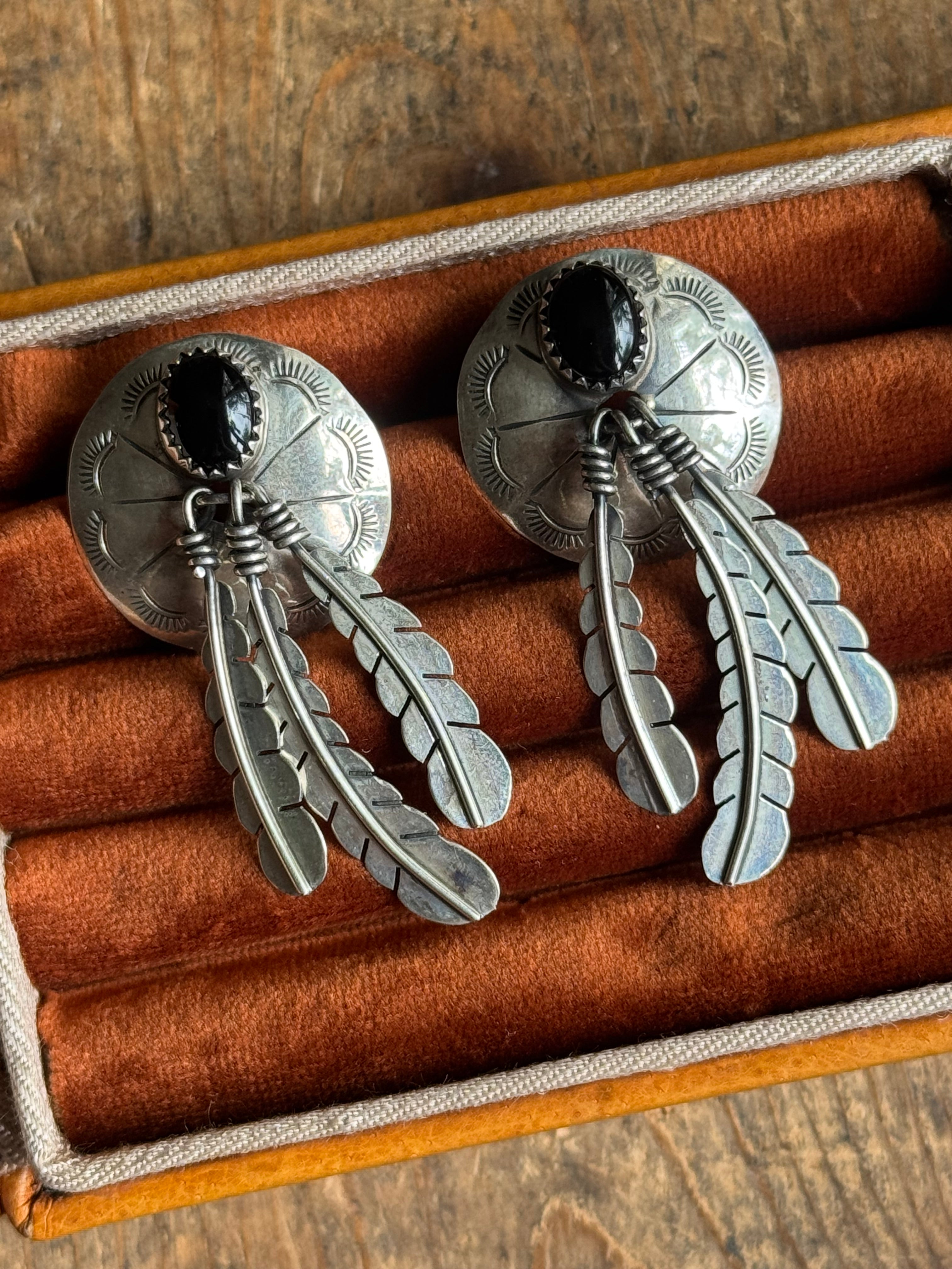 Vintage Sterling Silver Onyx Feather Concho Earrings