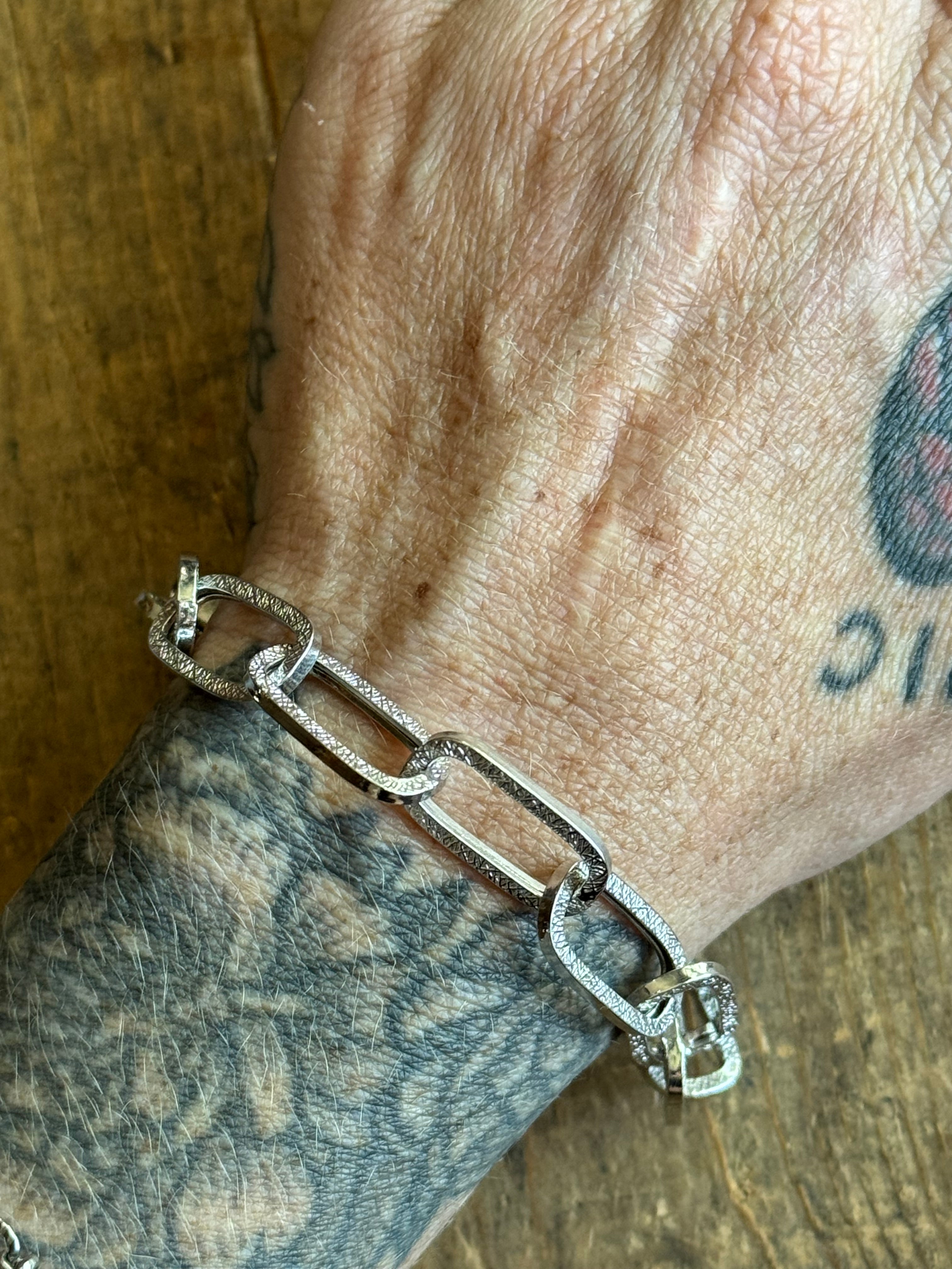 Vintage Sterling Silver Textured Square Oval Link Bracelet 8.5"
