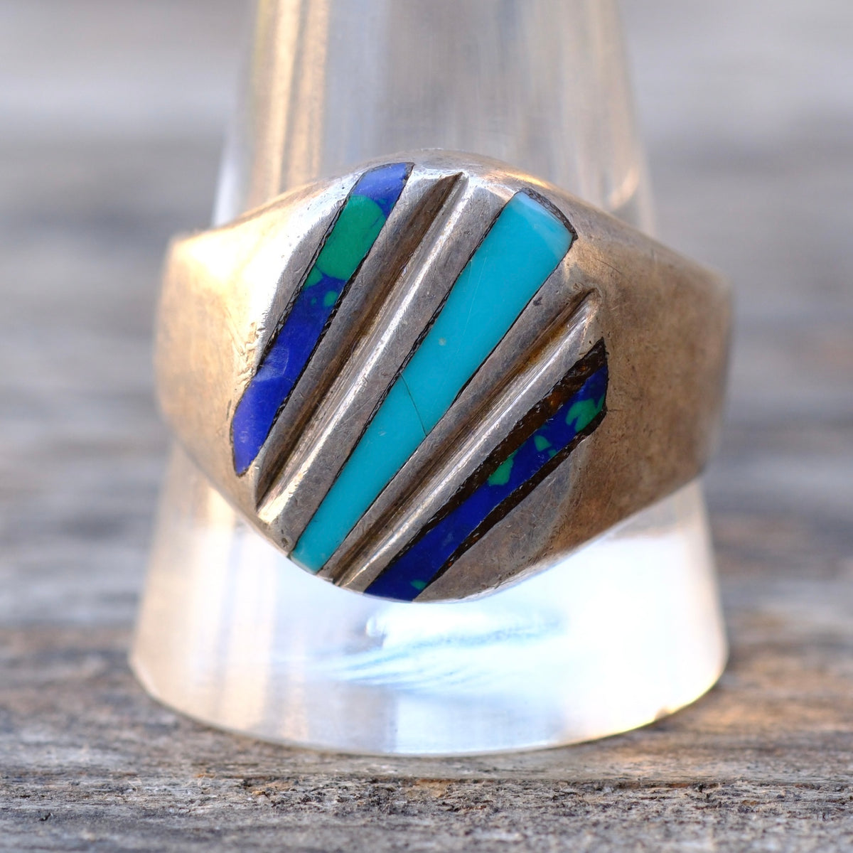 Vintage Sterling Azurite and Turquoise Inlay Ring 12.75