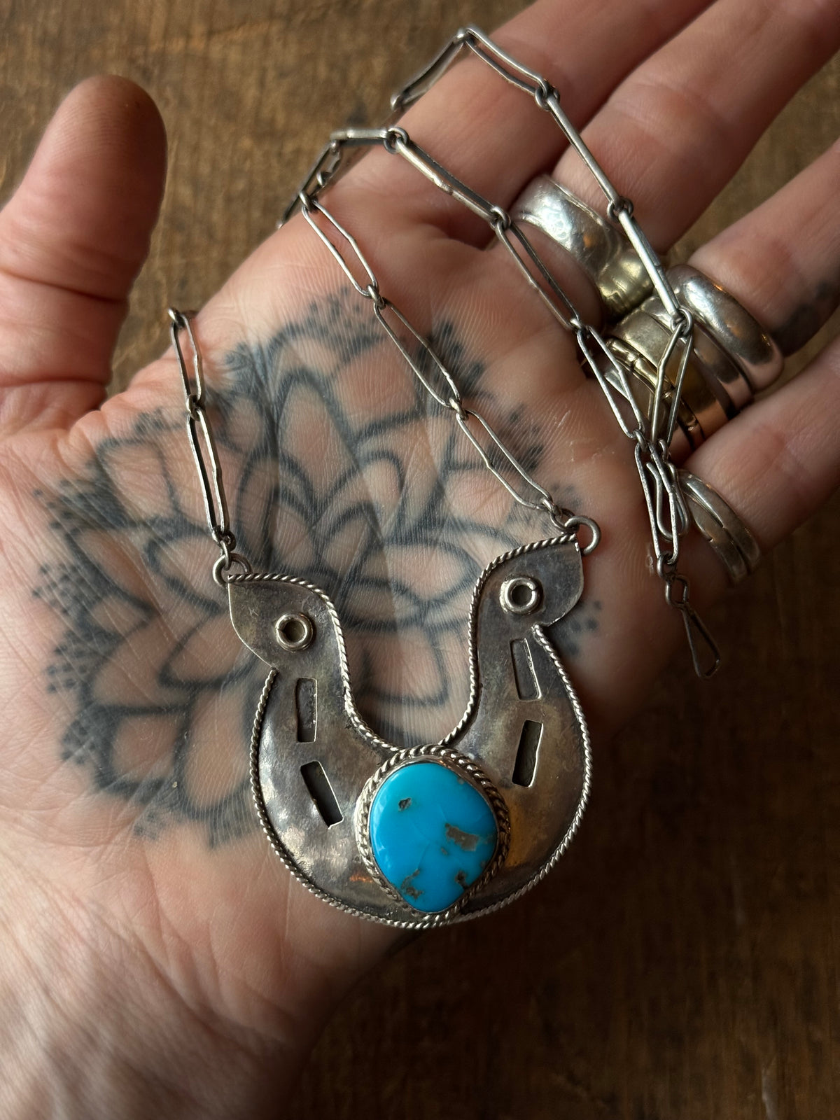Vintage Sterling Silver Turquoise Horseshoe Necklace