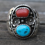 Vintage Sterling Turquoise and Coral Ribbed Band Ring 10.75