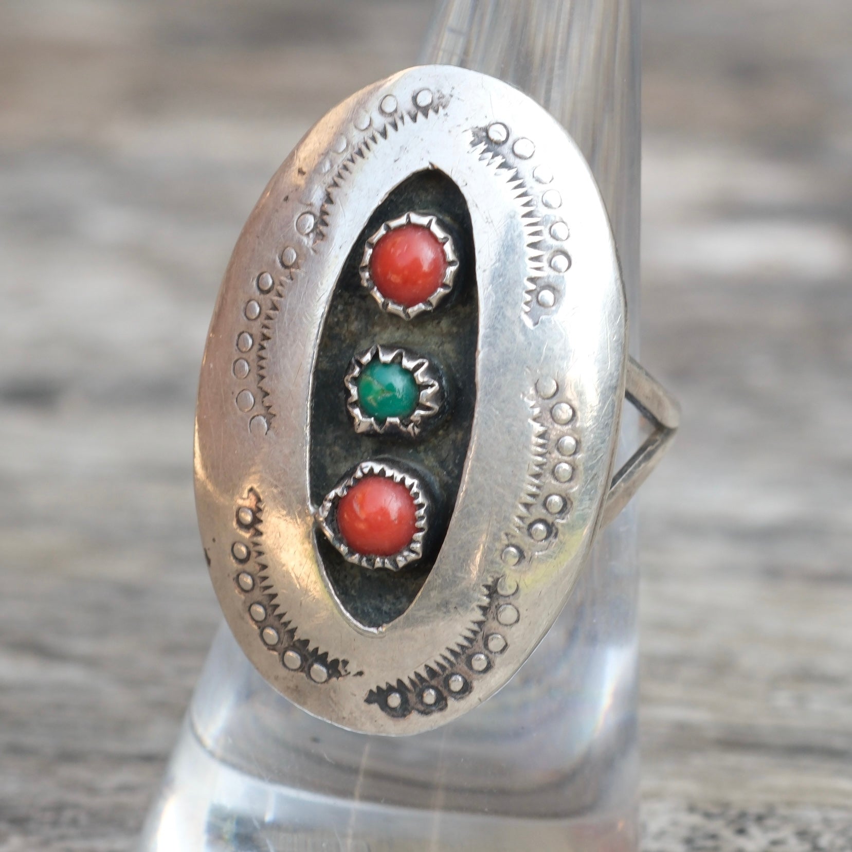 Vintage Sterling Coral and Turquoise Stamped Shadowbox Ring 6.5