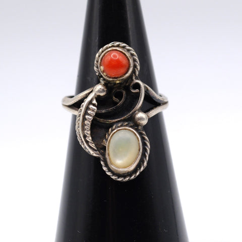 Vintage Sterling Mother OF Pearl and Coral Feather Ring 3.75