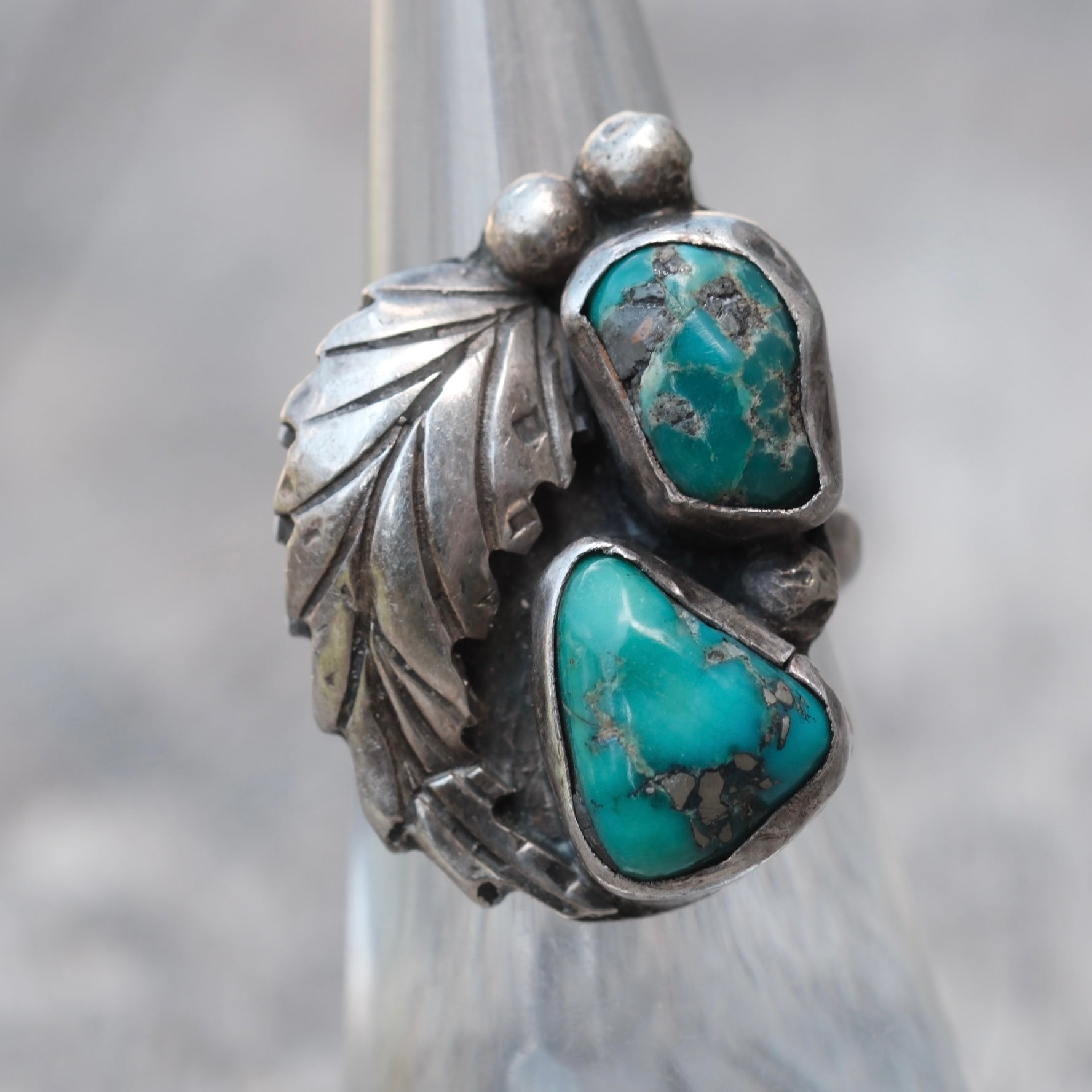 Vintage Sterling 2-Stone Turquoise Feather Ring 5.5