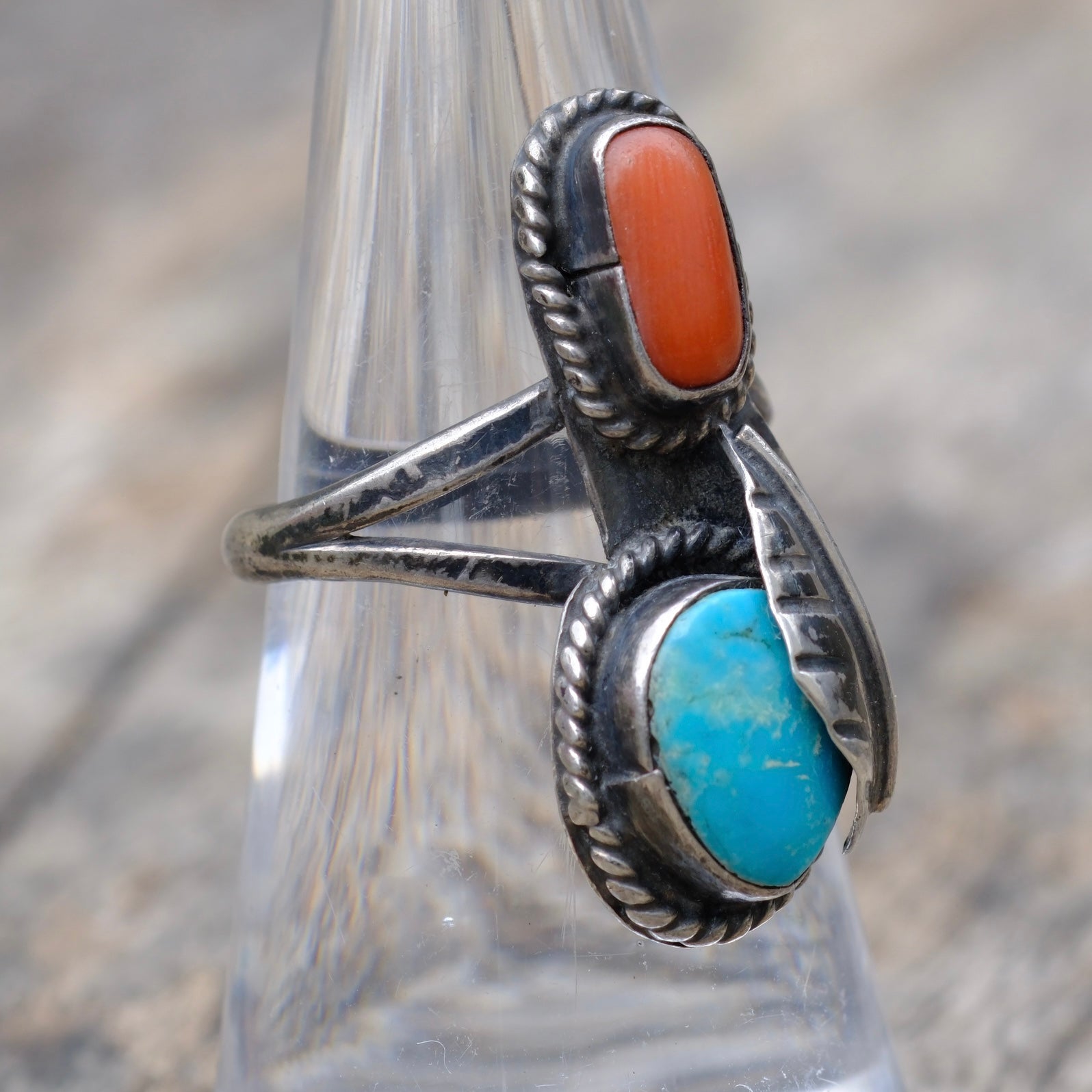 Vintage Sterling Turquoise and Coral Feather Ring 6.5