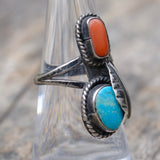 Vintage Sterling Turquoise and Coral Feather Ring 6.5