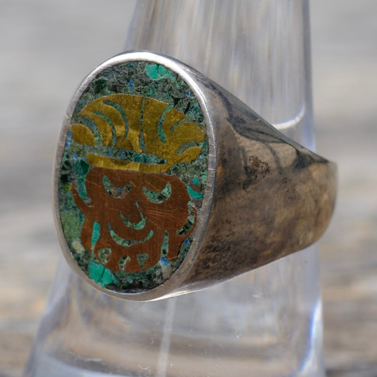 Vintage Sterling Turquoise Inlay Taxco Ring 8.75