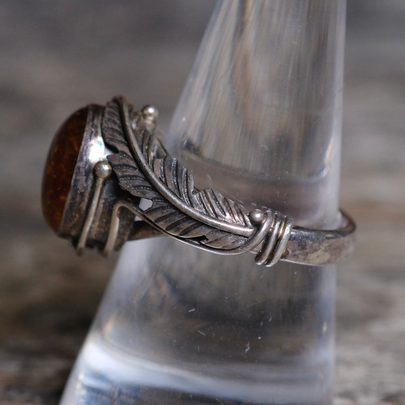 Vintage Sterling Amber Feather Ring 8.75