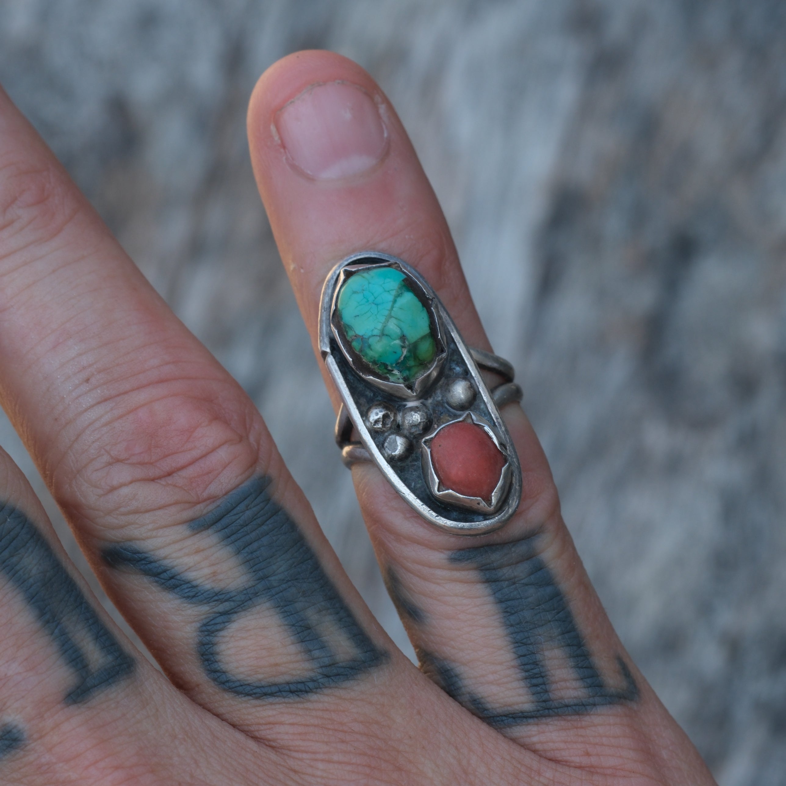 Vintage Sterling Turquoise and Coral Ring 3.5