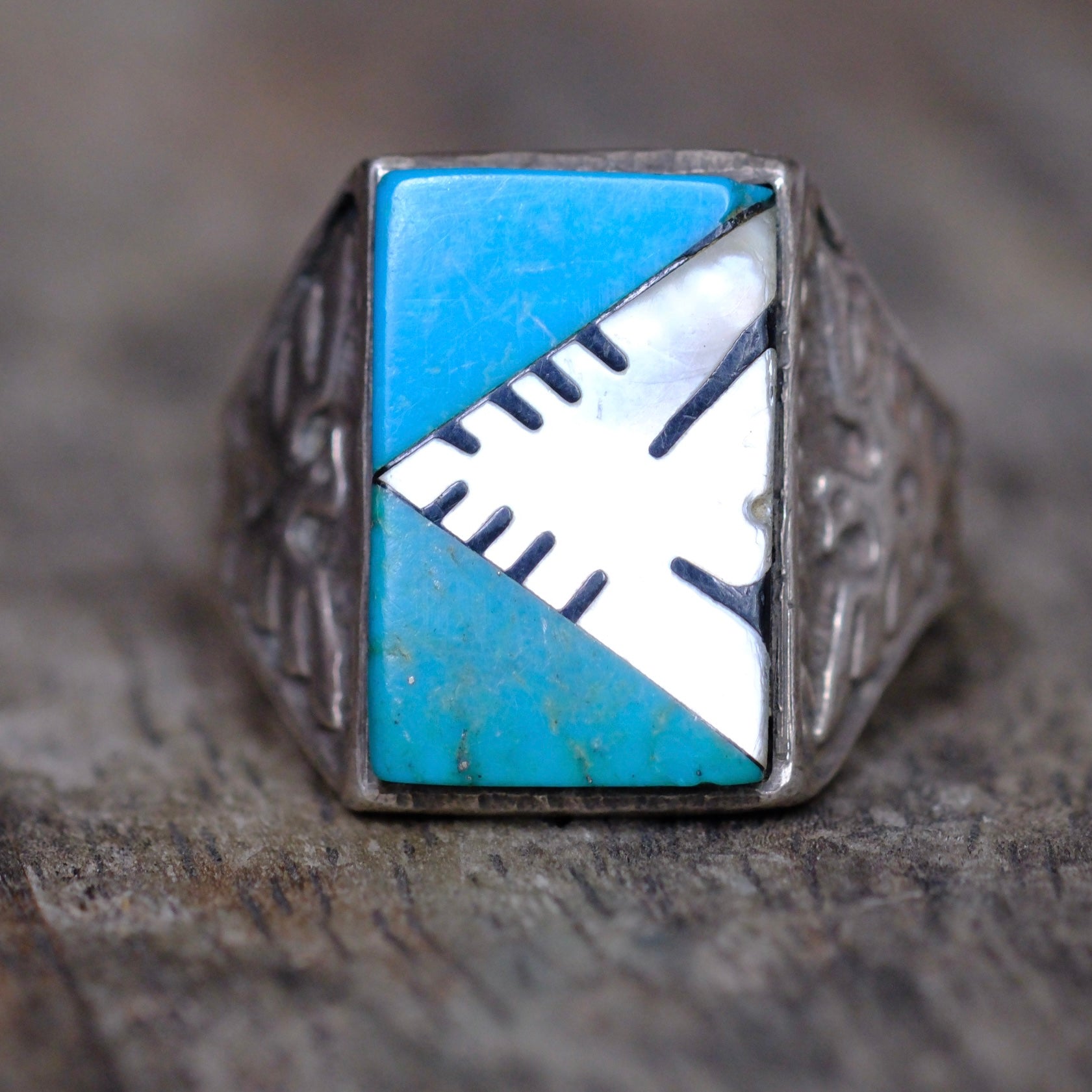 Vintage Sterling Multistone Inlay Thunderbird Ring 13.5