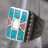 Vintage Sterling Turquoise MOP and Coral Inlay Ring 9.5