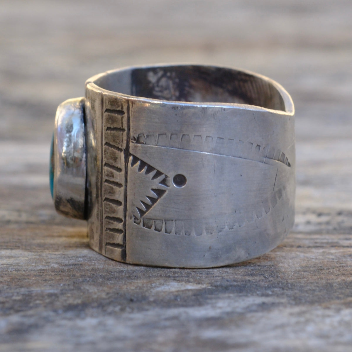 Sterling Silver Pilot Mountain Turquoise Stamped Ring 8.25