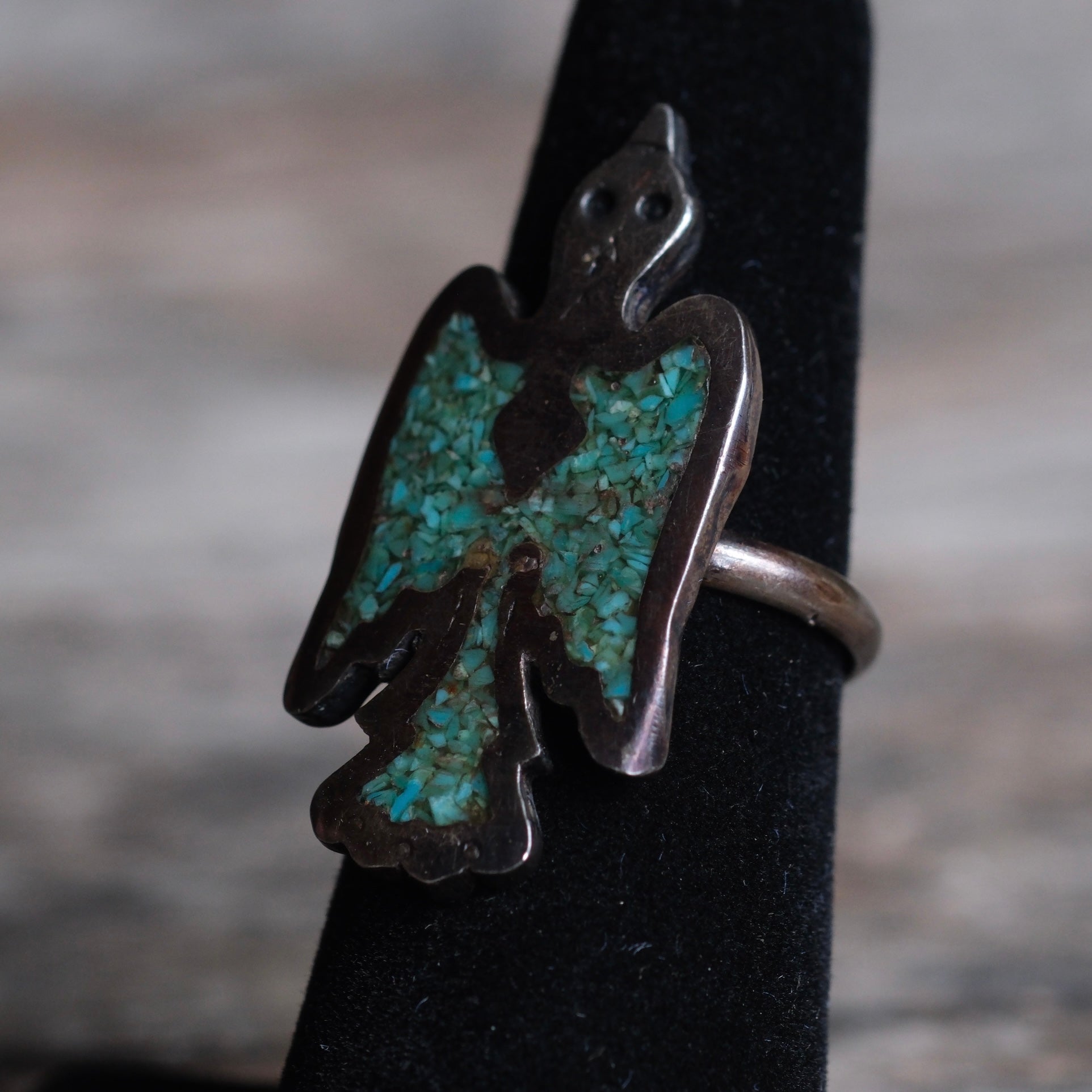 Vintage Sterling Crushed Turquoise Thunderbird Ring 5.5
