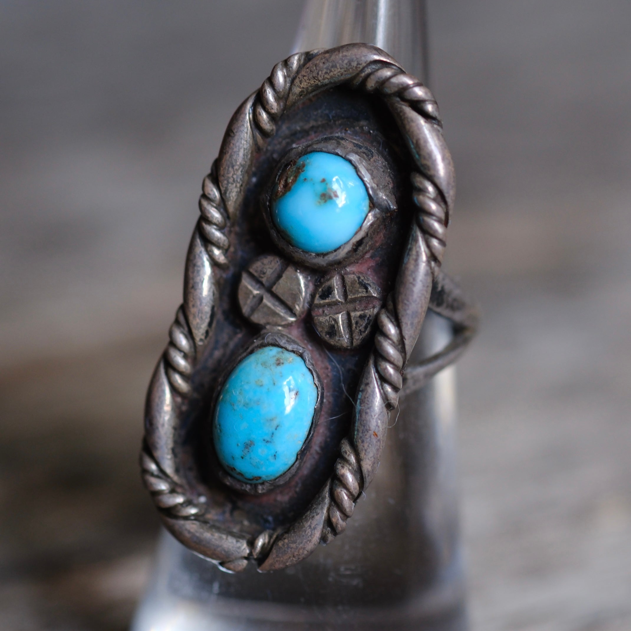 Vintage Sterling 2-Stone Turquoise Roper Ring 5.75