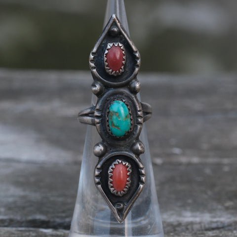 Vintage Sterling Turquoise and Coral Ring 3.25