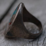 Vintage Sterling Crushed Turquoise and Coral Inlay Dancer Ring 11