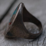 Vintage Sterling Crushed Turquoise and Coral Inlay Dancer Ring 11